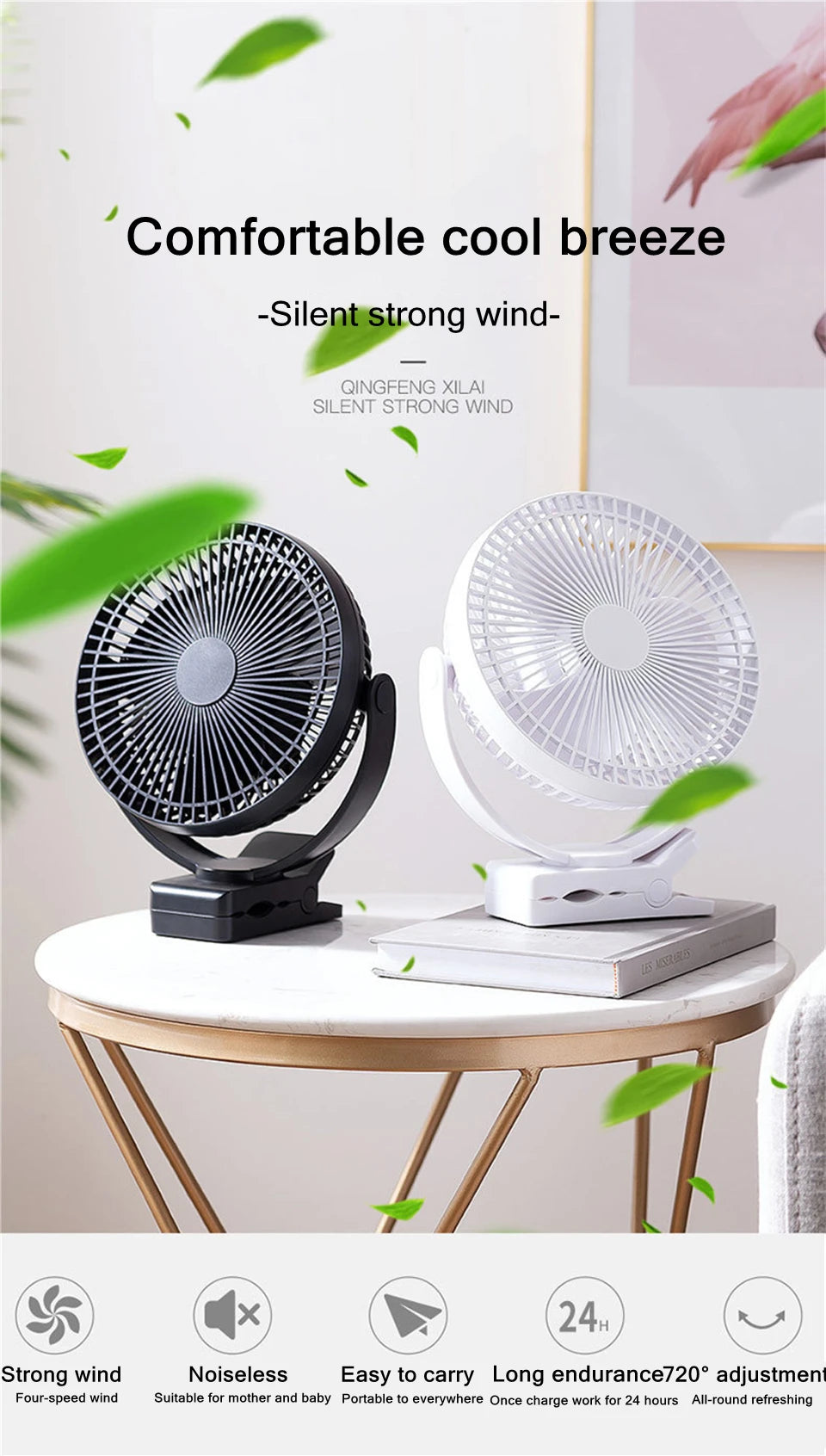 USB Charging Table & Clip Fan – 10,000mAh Battery, 4-Speed Portable Wireless Electric Ceiling Fan for Home, Travel, Outdoor Use