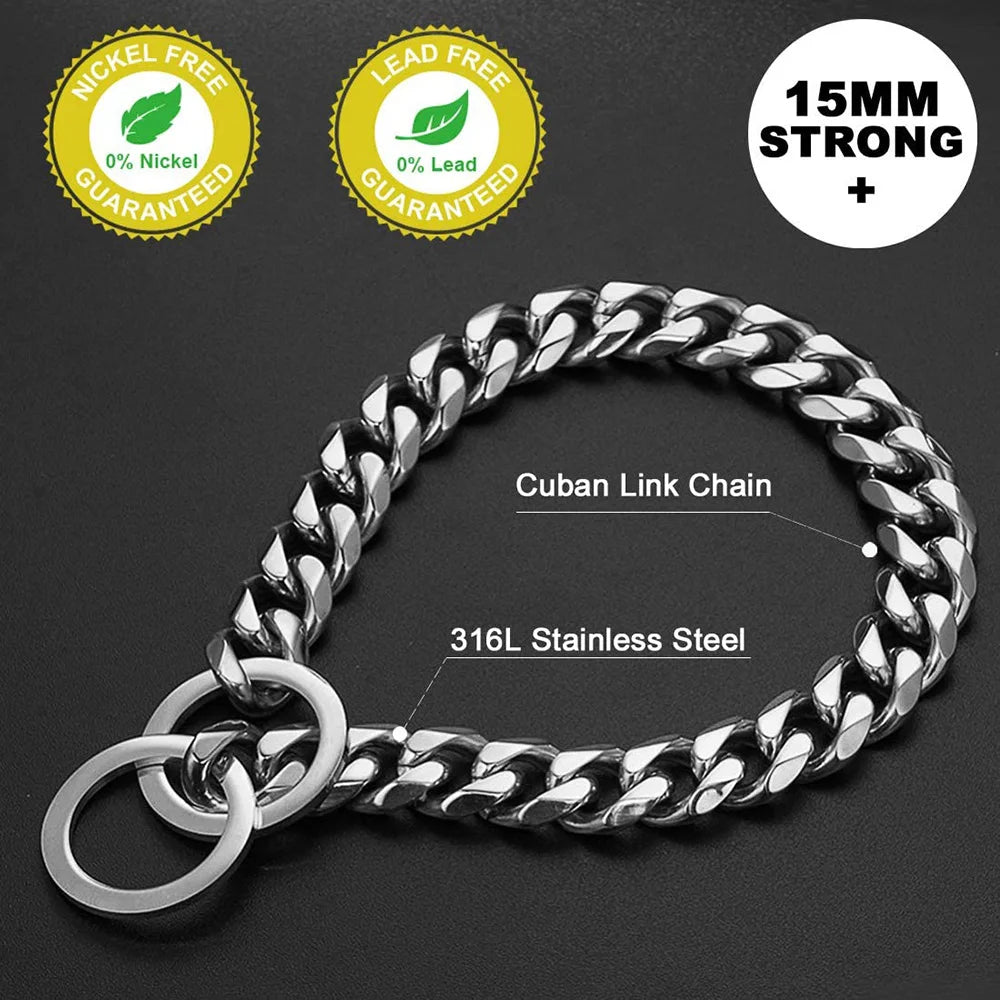 15MM Cuban Link Dog Chain Collar – Silvery/Golden Stainless Steel Training Slip Collar for Strong Dogs