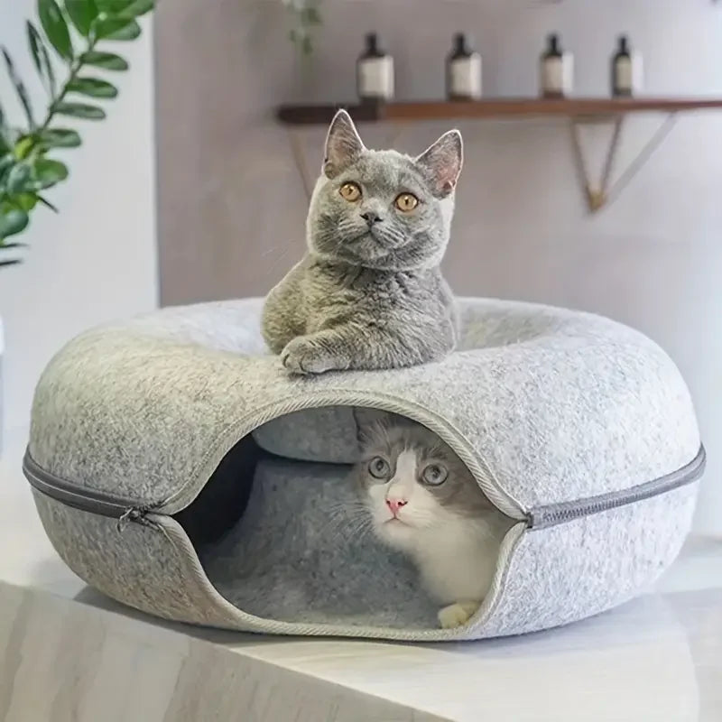 Felt Tunnel Cat Nest with Window – Round Donut Cat Bed, Detachable & Washable All-Season Pet Nest