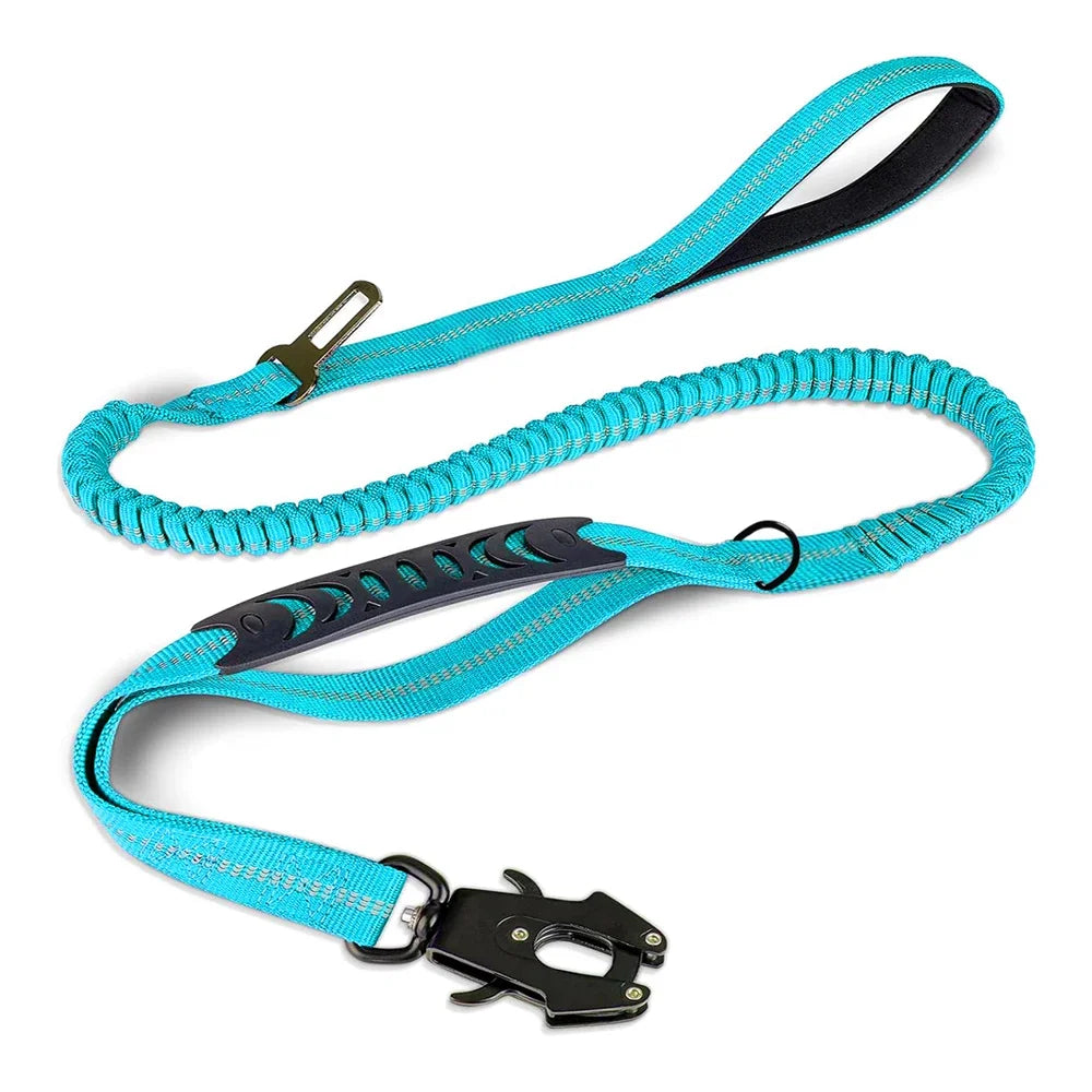 Reflective Tactical Bungee Dog Leash with Car Seatbelt – Shock-Absorbing, No-Pull Lead