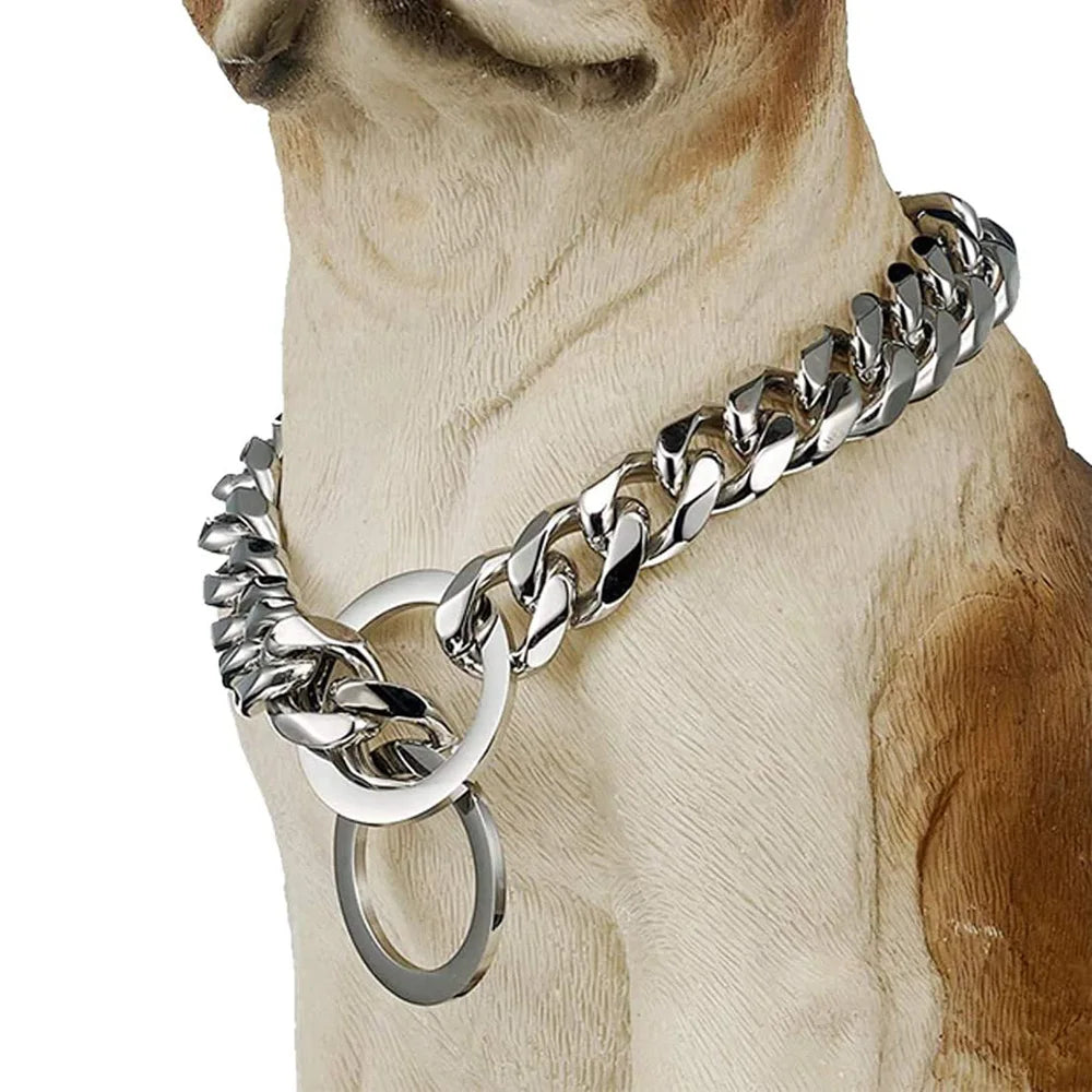 15MM Cuban Link Dog Chain Collar – Silvery/Golden Stainless Steel Training Slip Collar for Strong Dogs