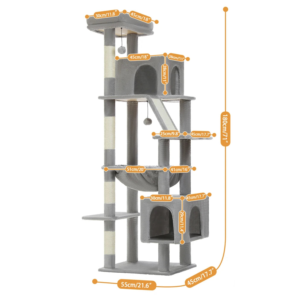 🛋️ 180cm Large Cat Tree Tower – Multi-Level Indoor Cat Furniture with Hammock, Sisal Scratching Posts & Cozy Perches
