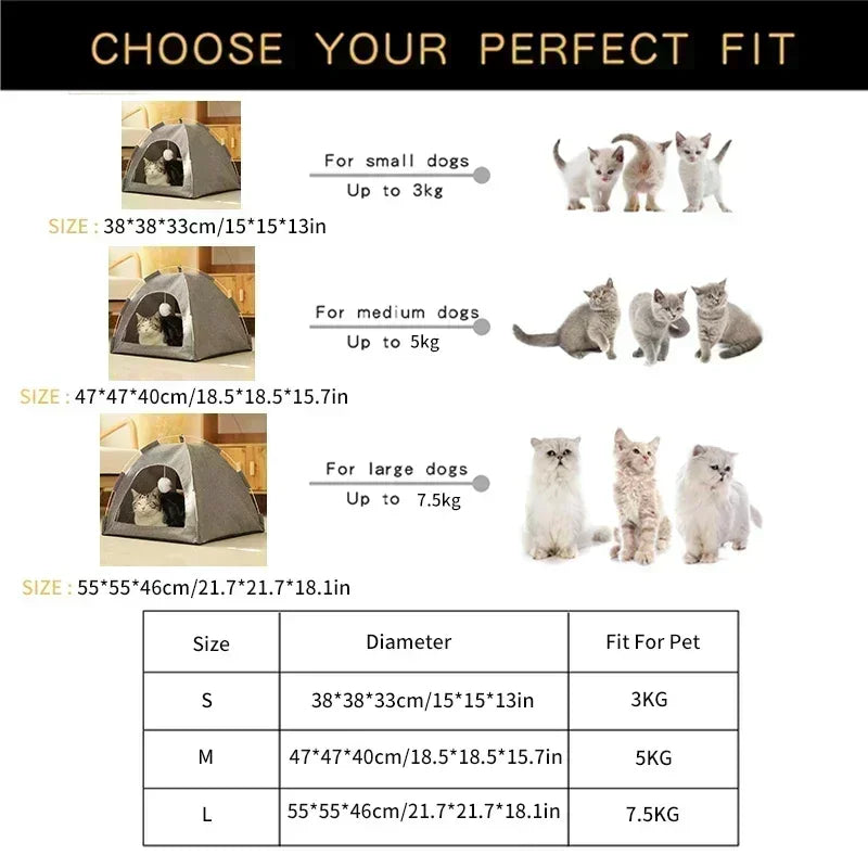 Pet Tent Bed – Removable Canvas Cat Sofa, Semi-Enclosed Cat House & Dog Cave Hut