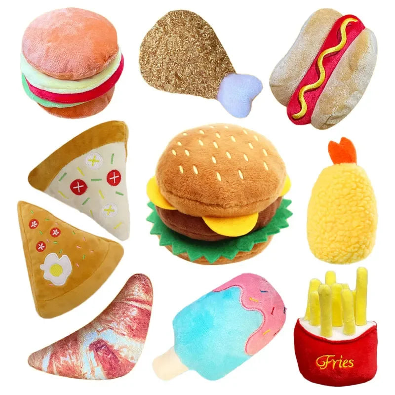 🧸 Plush Dog Toys – Squeaky Soft Pet Chew Toys (Ice Cream, Fries, Hamburger)