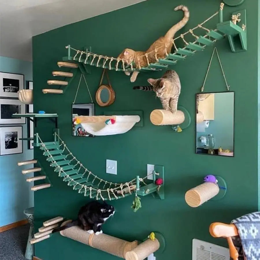 Cat Tree Wall Mounted Climbing Shelves – Wooden Hammock, Ladder & Bridge Indoor Cat Playground 🐾