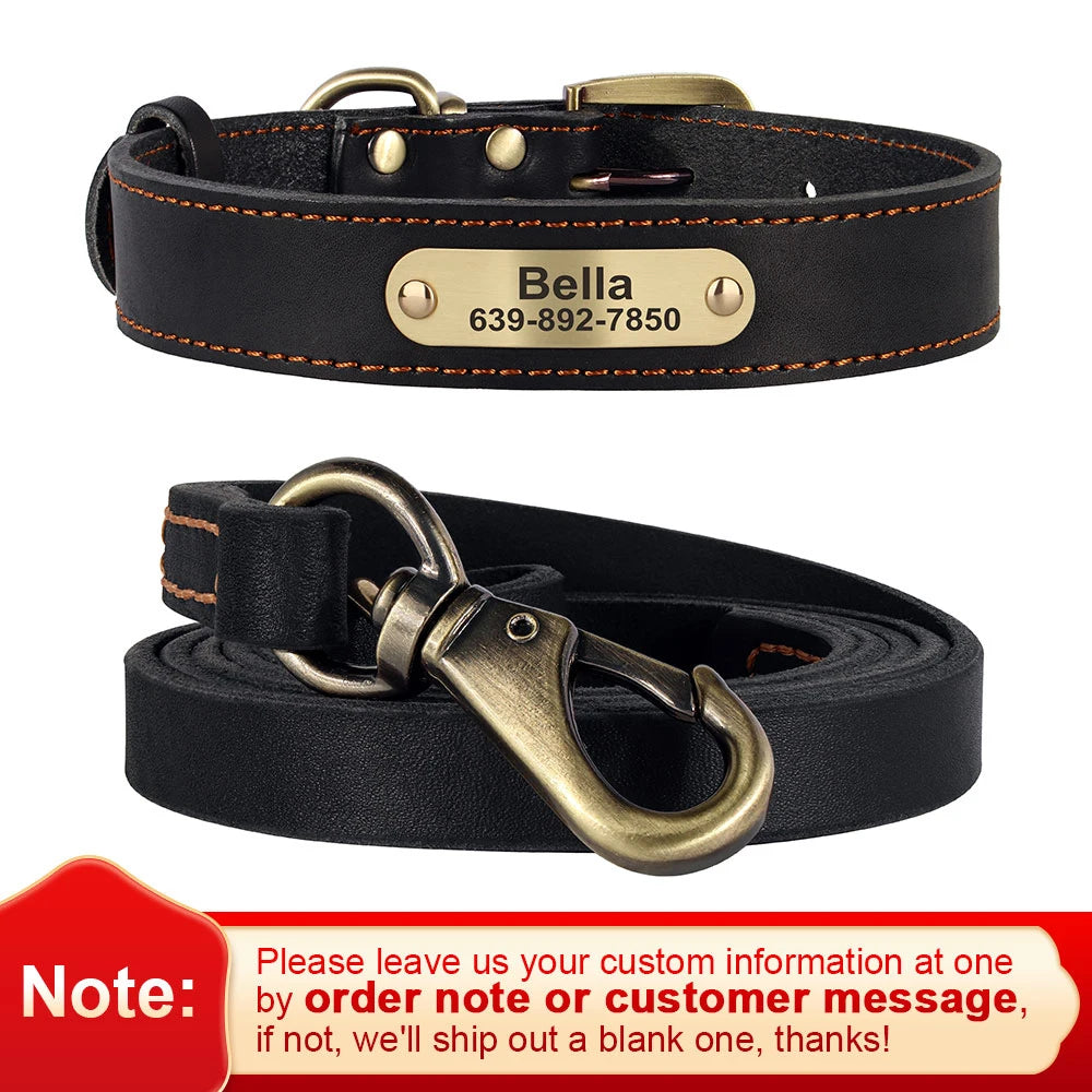 Personalized Leather Dog Collar & Leash Set – Engraved ID for Small to Large Dogs