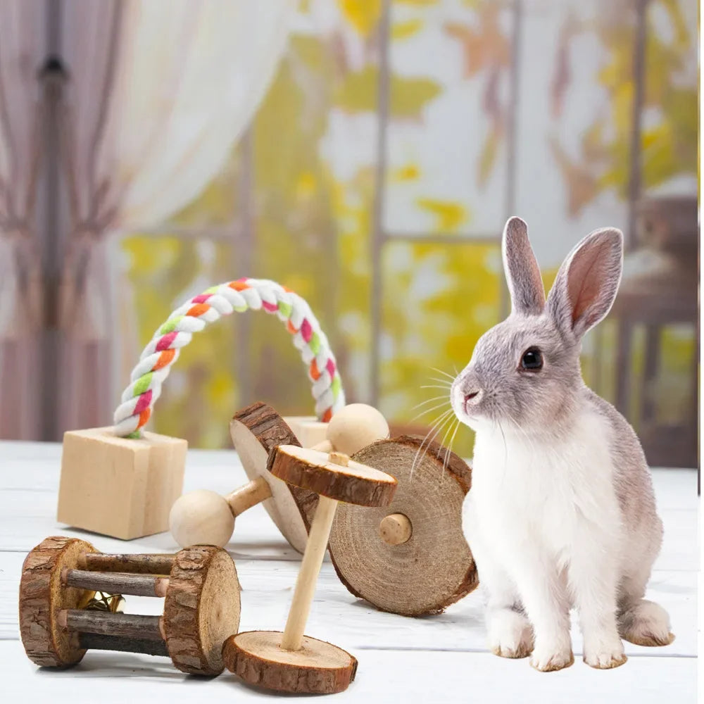 Wooden Rabbit Roller Toy – Natural Chew Dumbbell with Bell for Small Pets