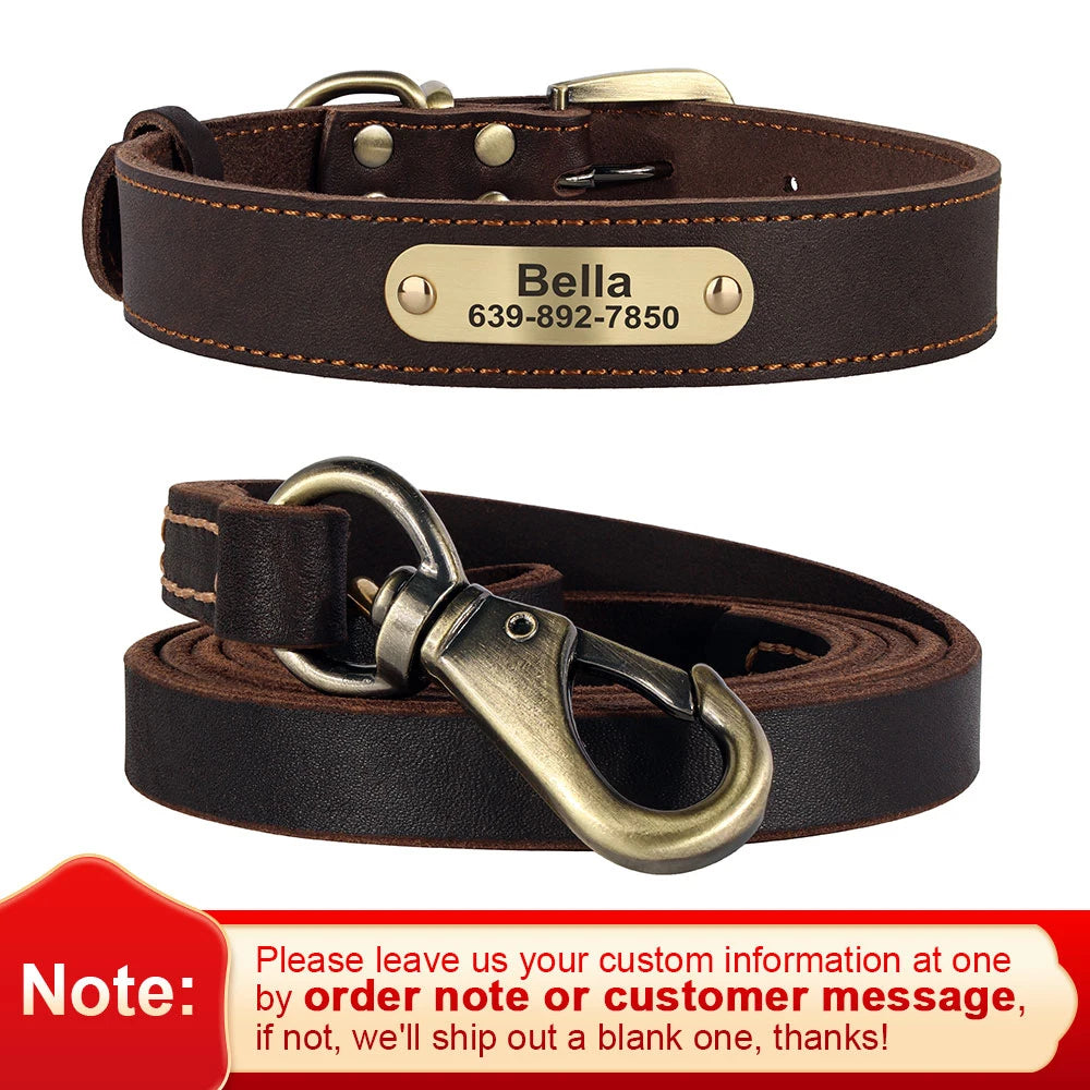 Personalized Leather Dog Collar & Leash Set – Engraved ID for Small to Large Dogs