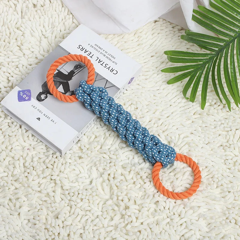 Double-Ring Chewable Cotton Knot Dog Toy – Durable Braided Rope for Teething & Dental Cleaning