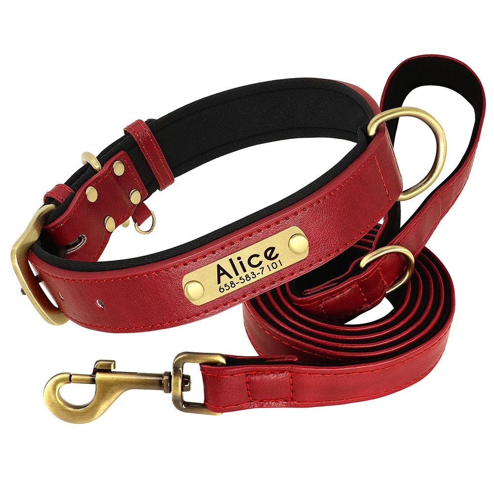 Custom Leather Dog Collar & Leash Set – Soft Padded with Engraved Nameplate