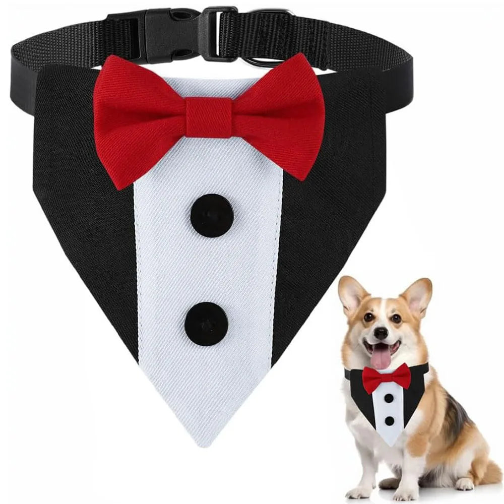 Dog Tuxedo Suit with Bow Tie – Formal Wedding Outfit & Birthday Bandana Collar for Medium & Large Dogs
