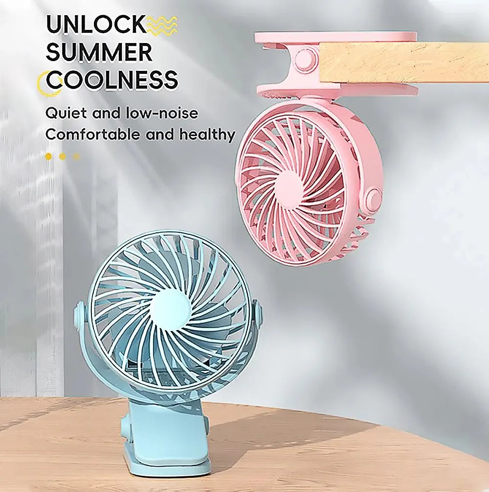 Rechargeable 720° Rotating Clip Fan with Nightlight – Portable Hanging Fan for Office, Bedroom, Dorm, and Outdoor Use