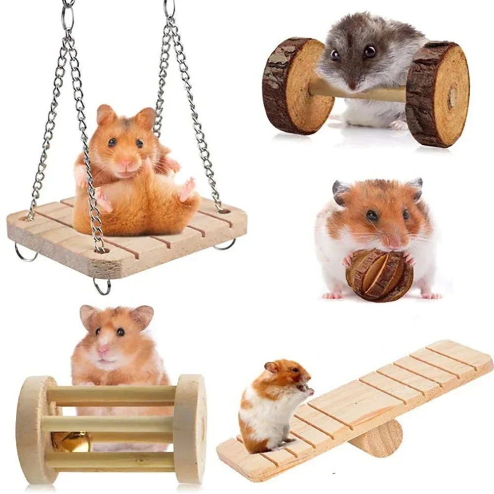 Wooden Rabbit Roller Toy – Natural Chew Dumbbell with Bell for Small Pets