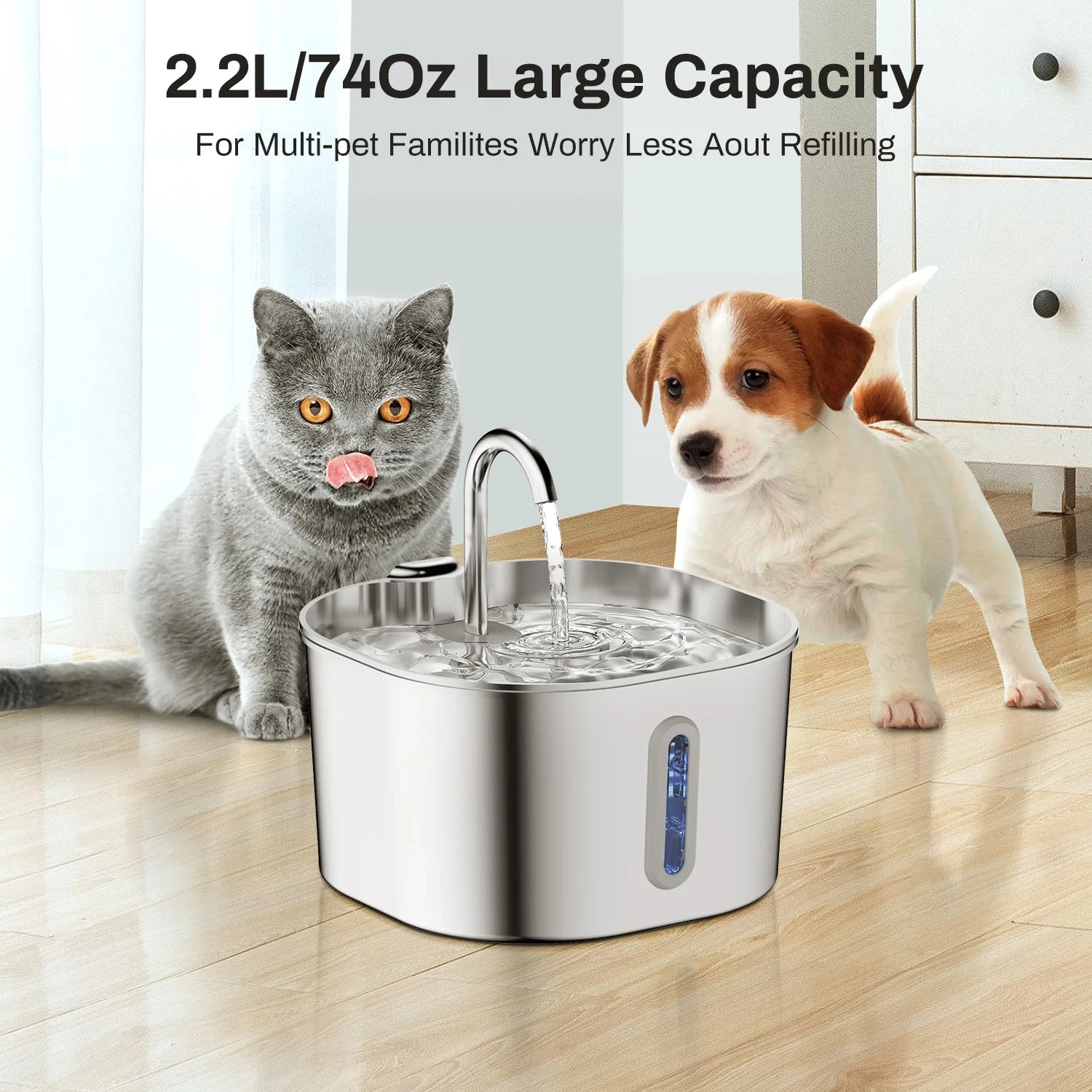 🐾 2.2L Stainless Steel Automatic Cat Water Fountain – Silent Pump & Visual Window