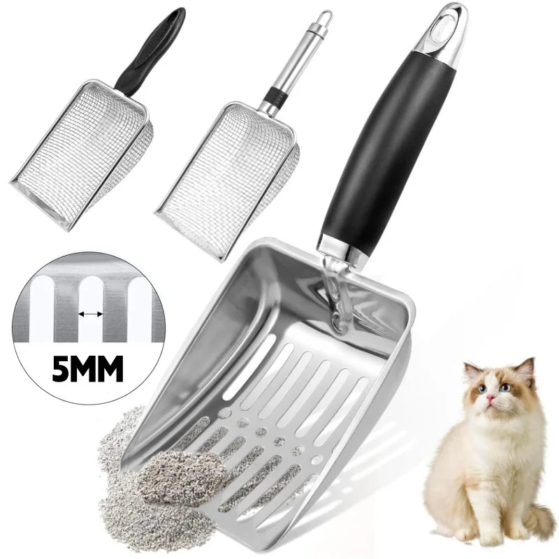 Stainless Steel Cat Litter Scoop with Rubber Handle – Durable Metal Kitty Scooper with Sturdy Mesh Filter for Easy Litter Cleaning