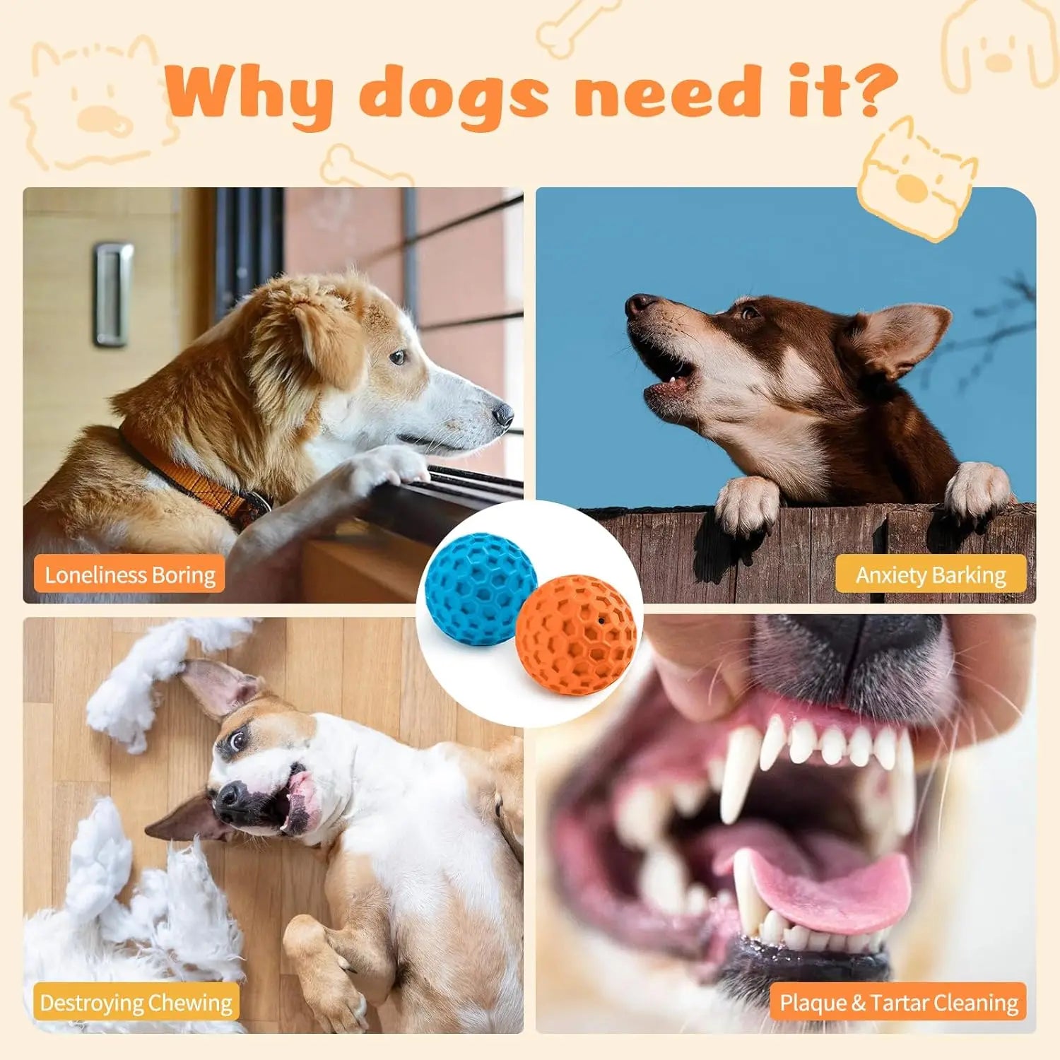 2pc Indestructible Squeaky Dog Balls – Natural Rubber Teething Chew Toys for Aggressive Chewers