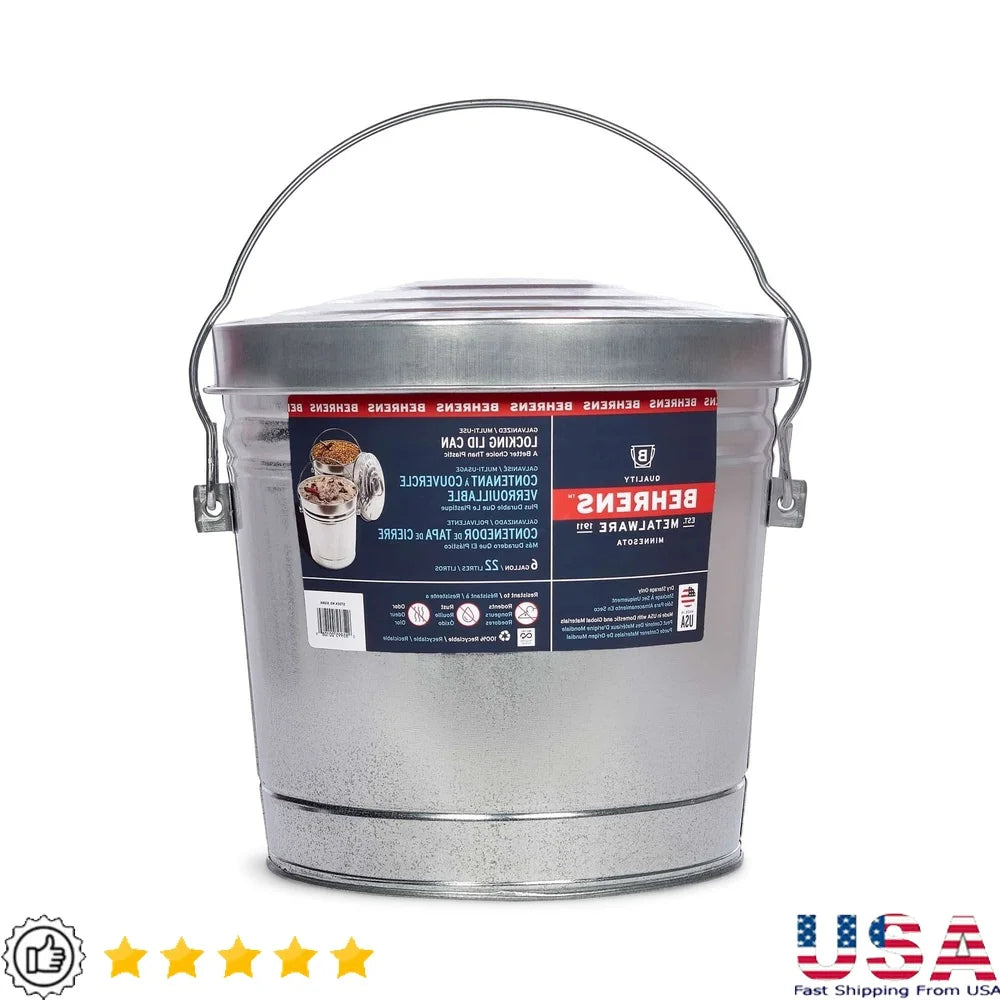 6-Gallon Galvanized Steel Storage Can with Locking Lid – Heavy Duty Metal Bin for Pet Food, Bird Seed, Charcoal & Garden Use