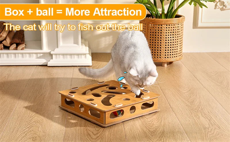 Interactive Wooden Cat Puzzle Box – Treat Maze & Hide and Seek Agility Toy