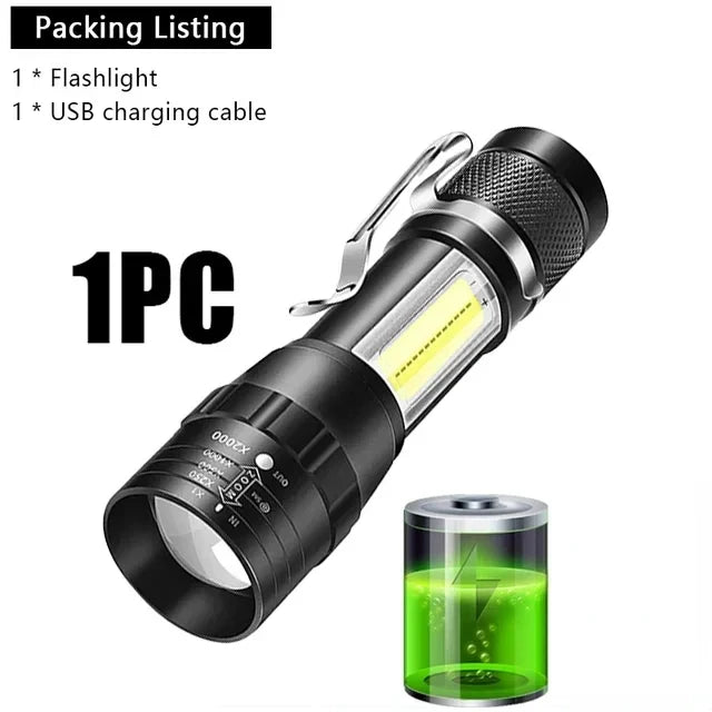 🔦 USB Rechargeable Mini Flashlight – COB+XPE Zoomable Torch with 3 Modes