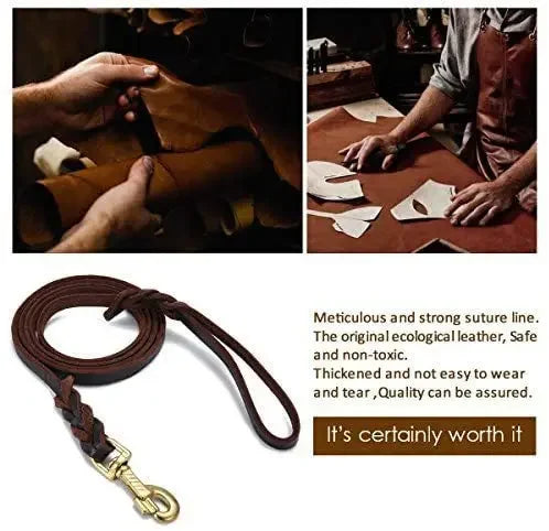 Genuine Leather Dog Leash – Braided Long Training Lead for Medium & Large Dogs