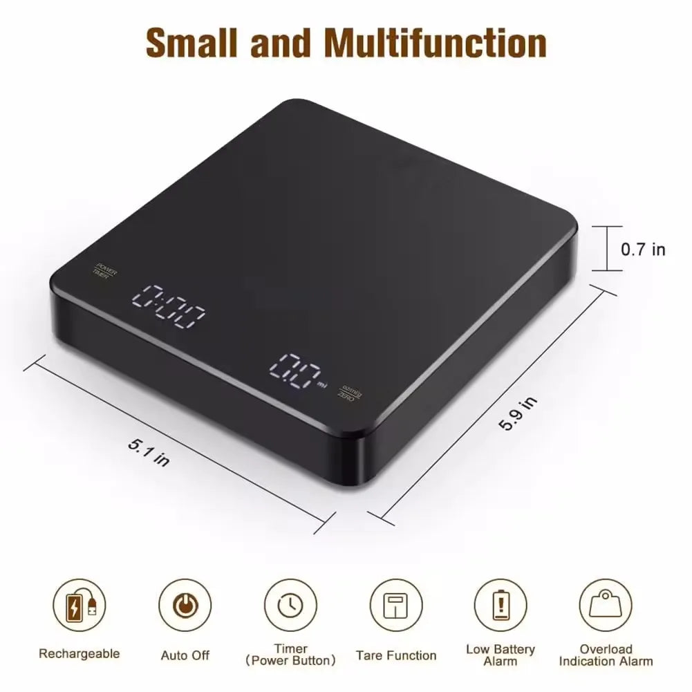 ☕ Digital Rechargeable Coffee Scale with Timer – LED Screen, USB Charging, 3kg Max, 0.1g Precision