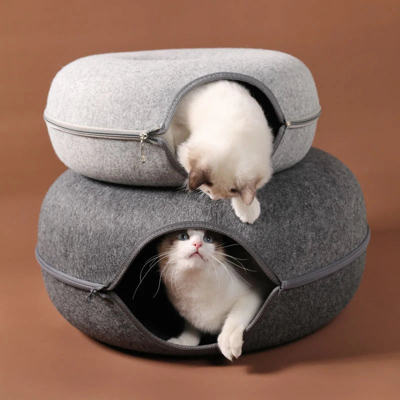 Donut Cat Bed Tunnel for 2 Cats – Interactive Felt Cat Nest & Play House with Toys
