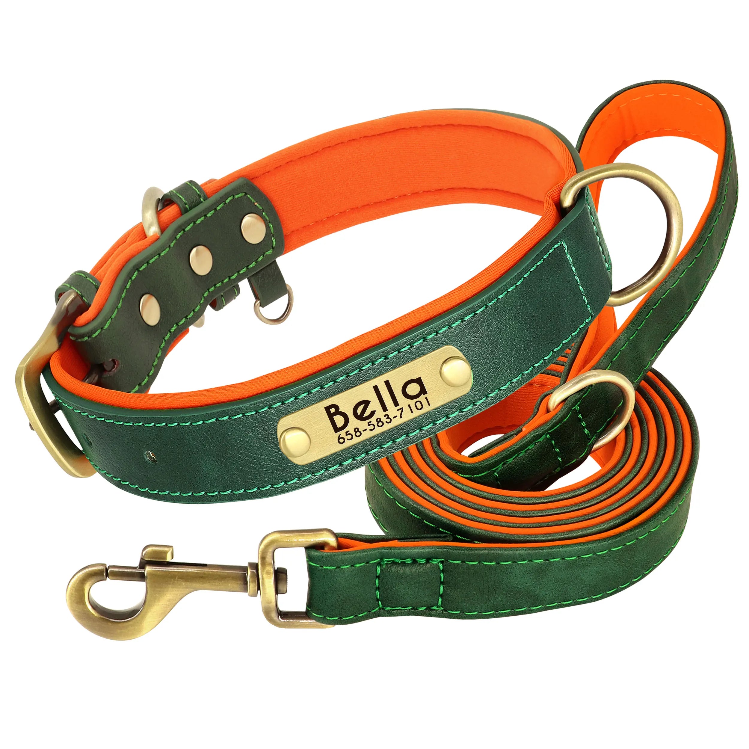 Custom Leather Dog Collar & Leash Set – Soft Padded with Engraved Nameplate