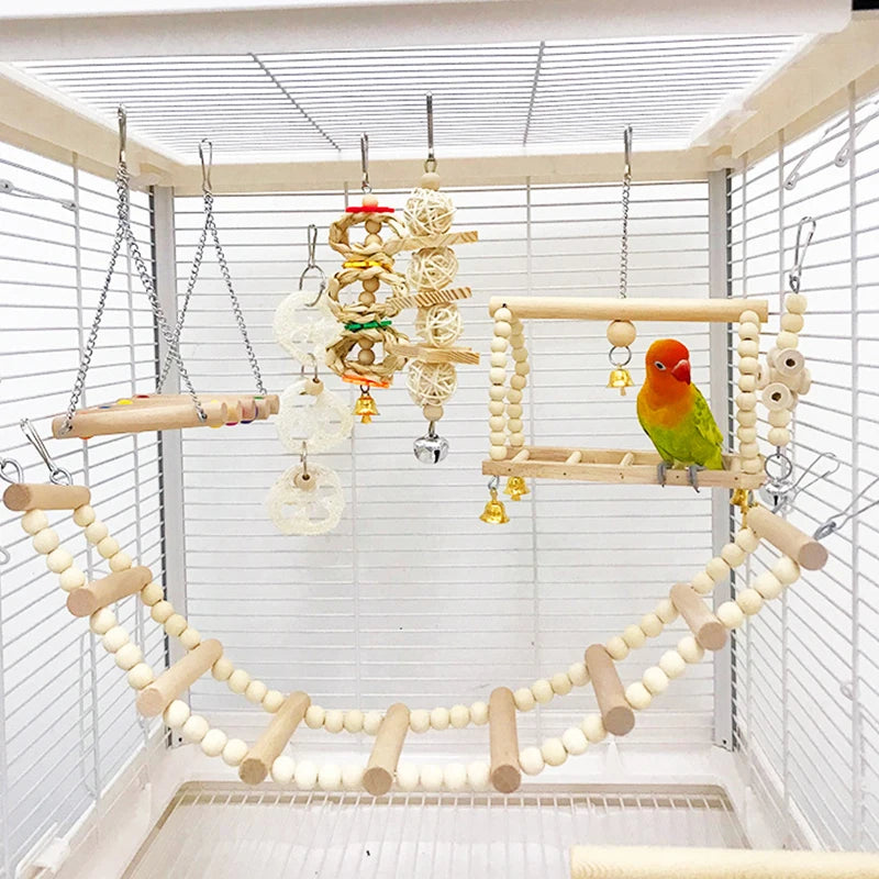 8Pcs Parrot Bird Toys Set – Natural Wood Swing, Perch, and Climbing Toys for Training and Enrichment