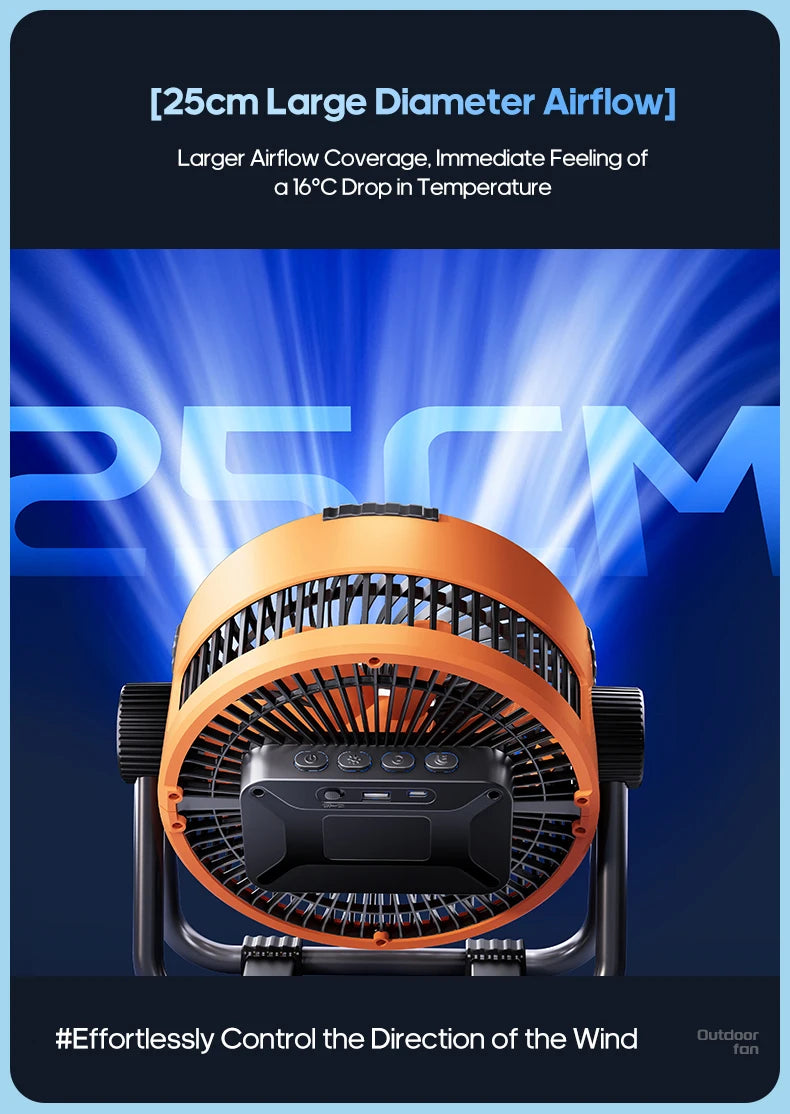 6-in-1 Outdoor Camping Fan – 20000mAh Rechargeable Ceiling & Desktop Fan with LED Light, Hook & Wireless Operation
