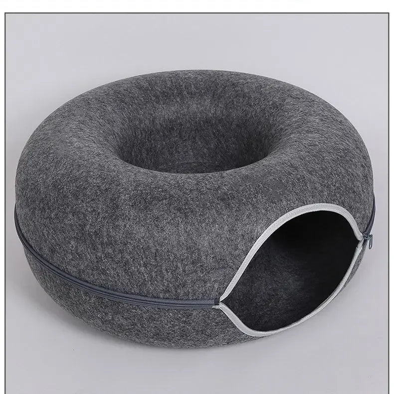 Felt Tunnel Cat Nest with Window – Round Donut Cat Bed, Detachable & Washable All-Season Pet Nest
