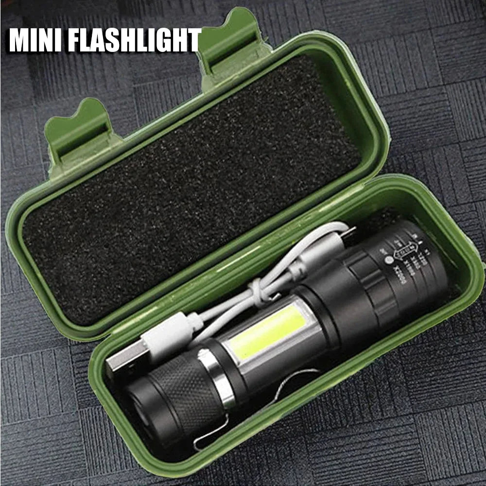 🔦 USB Rechargeable Mini Flashlight – COB+XPE Zoomable Torch with 3 Modes