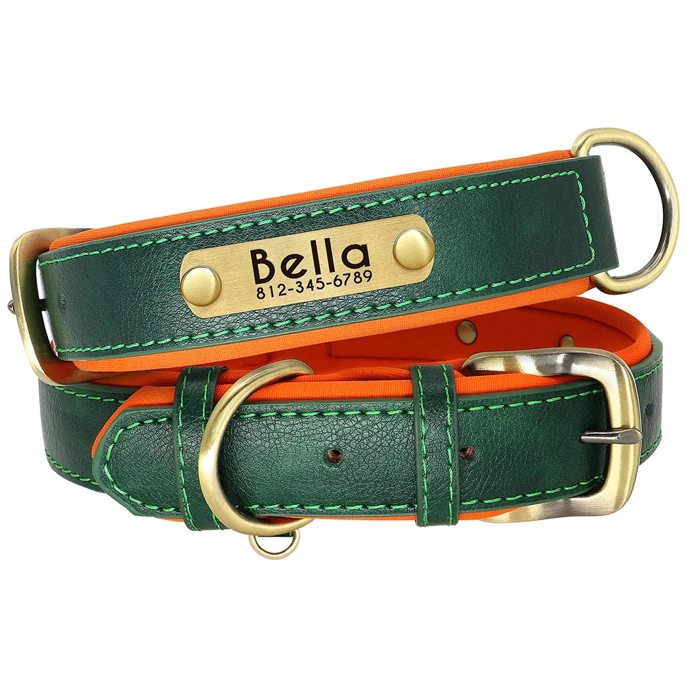 Custom Leather Dog Collar & Leash Set – Soft Padded with Engraved Nameplate