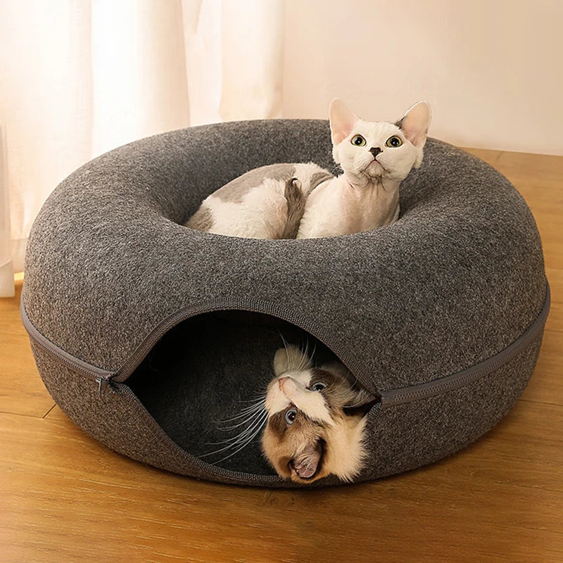 Donut Cat Bed Tunnel for 2 Cats – Interactive Felt Cat Nest & Play House with Toys