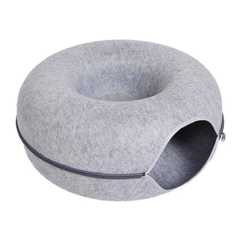 Donut Cat Bed Tunnel for 2 Cats – Interactive Felt Cat Nest & Play House with Toys