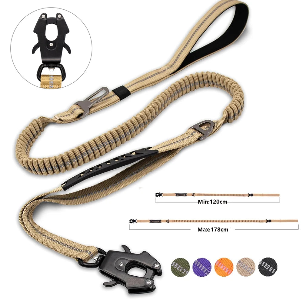 Reflective Tactical Bungee Dog Leash with Car Seatbelt – Shock-Absorbing, No-Pull Lead