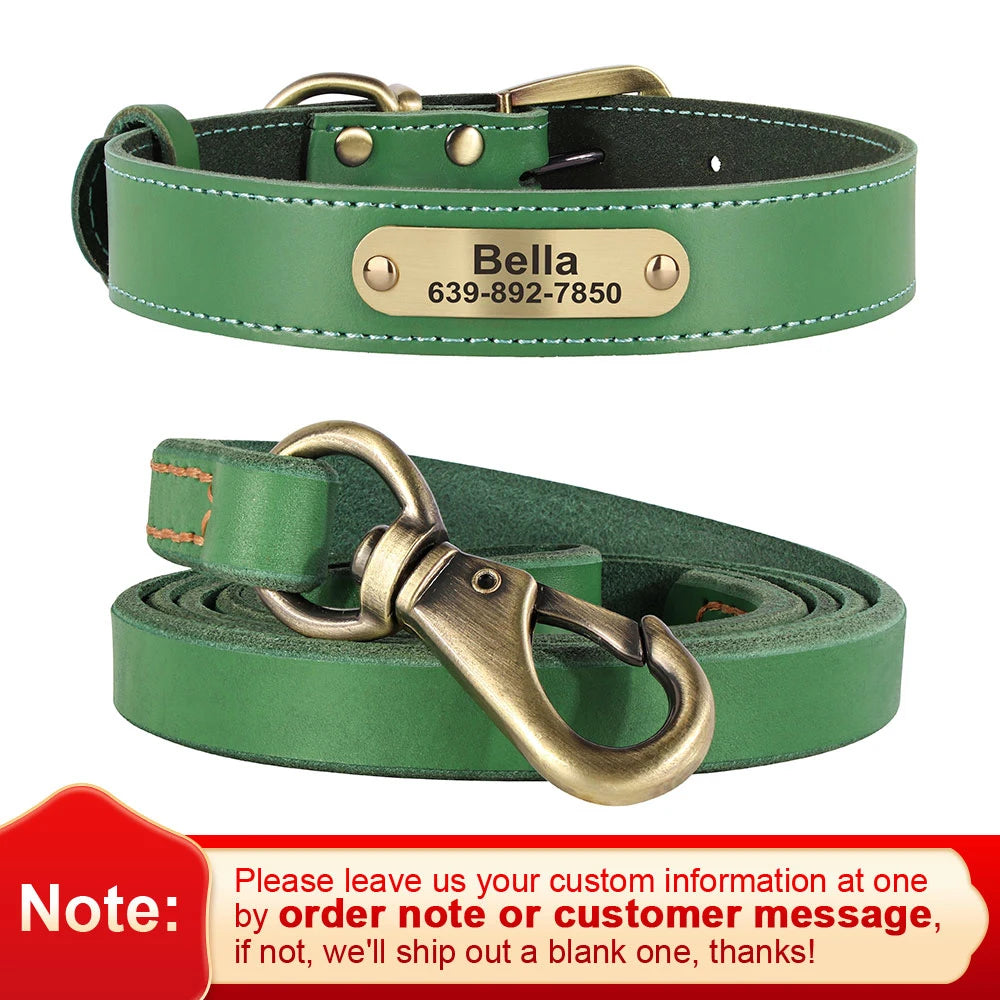 Personalized Leather Dog Collar & Leash Set – Engraved ID for Small to Large Dogs