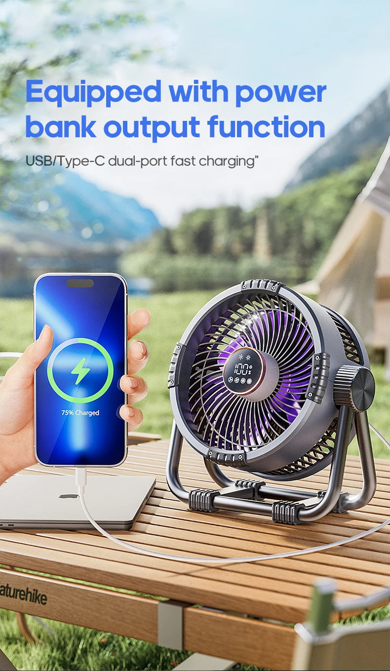 6-in-1 Outdoor Camping Fan – 20000mAh Rechargeable Ceiling & Desktop Fan with LED Light, Hook & Wireless Operation