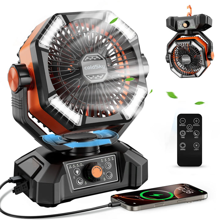 🌀 coldSky 20000mAh Battery Camping Fan with 4 LED Lantern – 8 Speed Portable Desk Fan for Tents, Power Outages & Jobsite