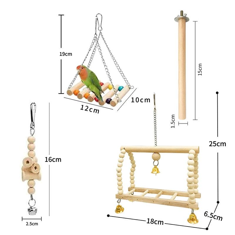 8Pcs Parrot Bird Toys Set – Natural Wood Swing, Perch, and Climbing Toys for Training and Enrichment