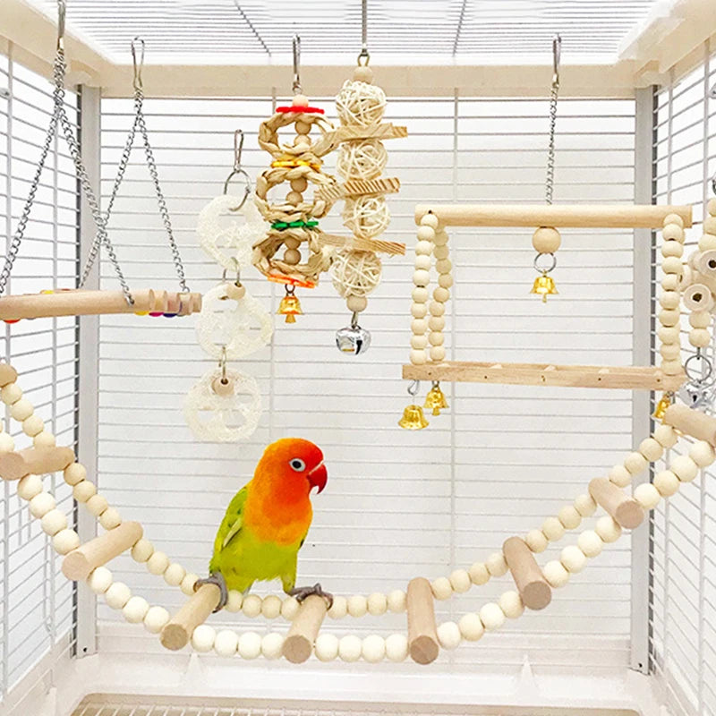 8Pcs Parrot Bird Toys Set – Natural Wood Swing, Perch, and Climbing Toys for Training and Enrichment