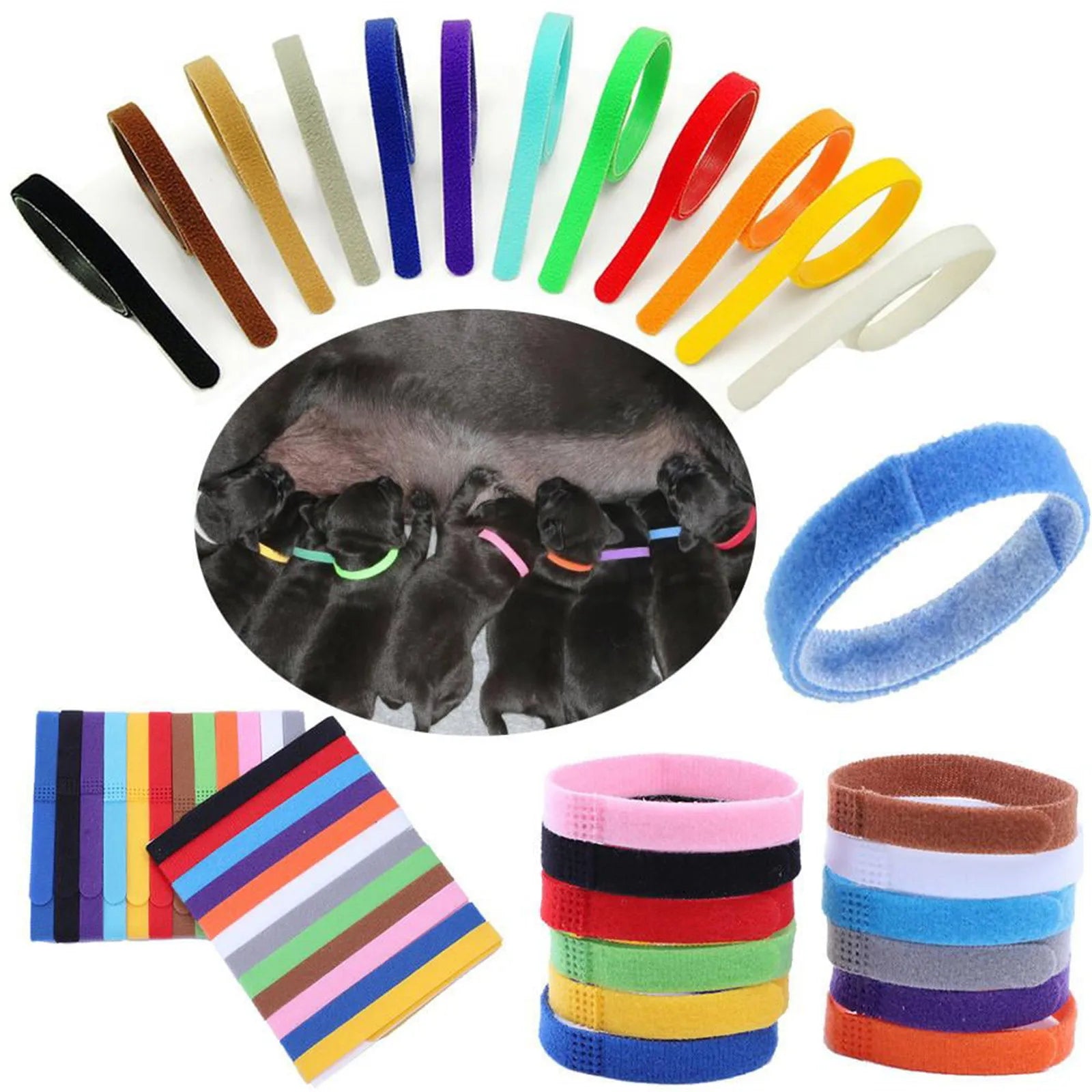 12 Pcs Adjustable Puppy Whelping Collars – Soft Double-Sided ID Bands for Newborn Puppies & Kittens