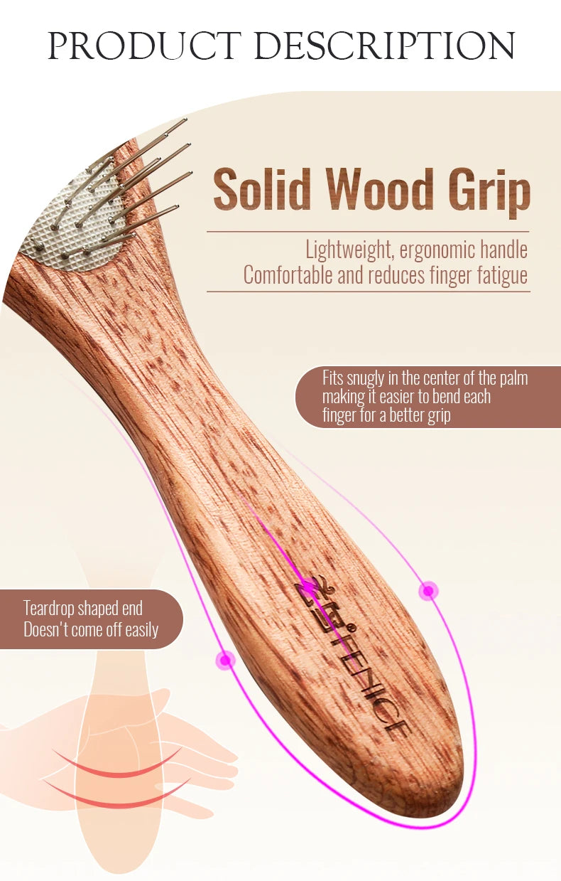 Fenice Wooden Handle Pet Comb – Professional Dog & Cat Grooming Hair Remover Brush