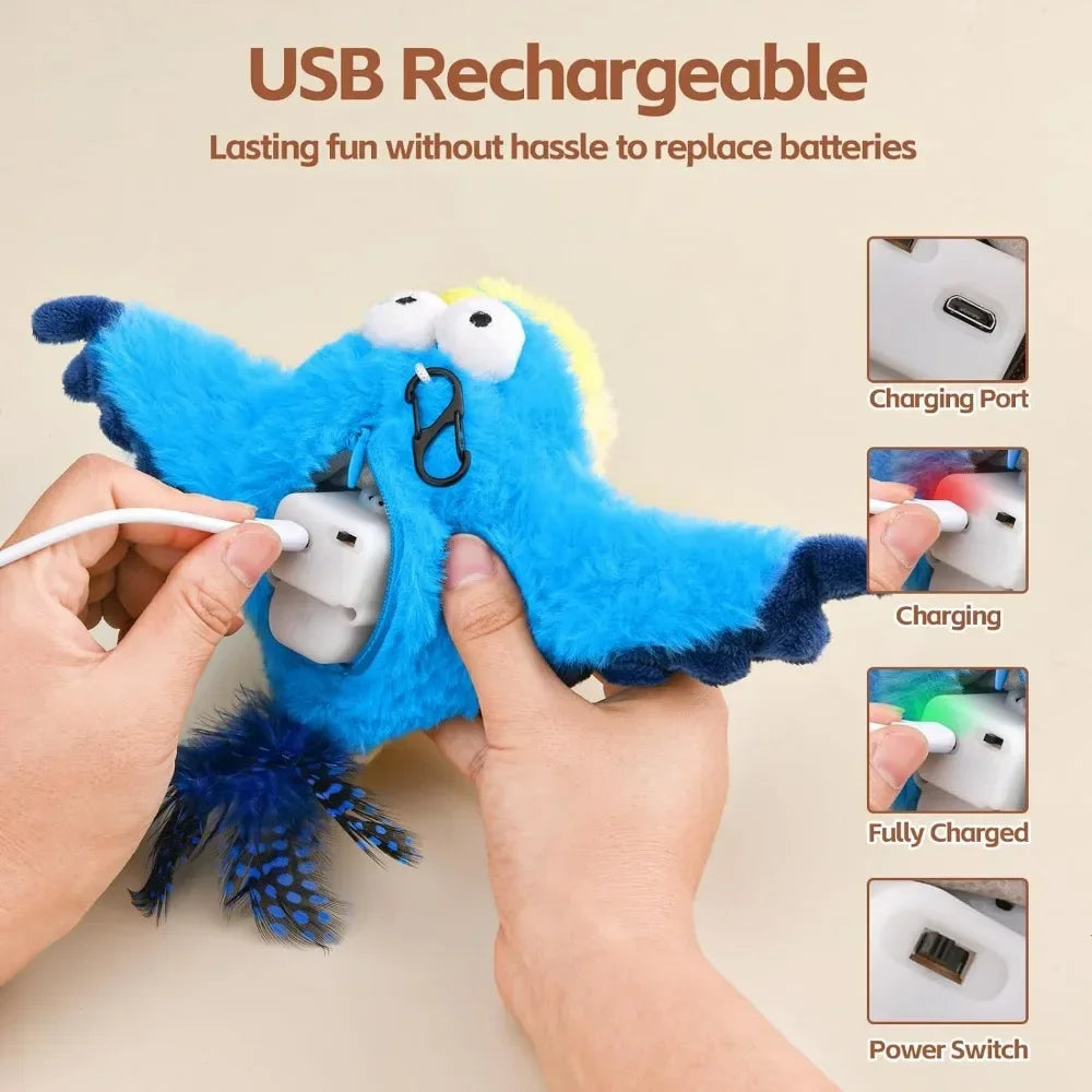 Interactive Chirping & Flapping Bird Cat Toy – Rechargeable Plush with Catnip