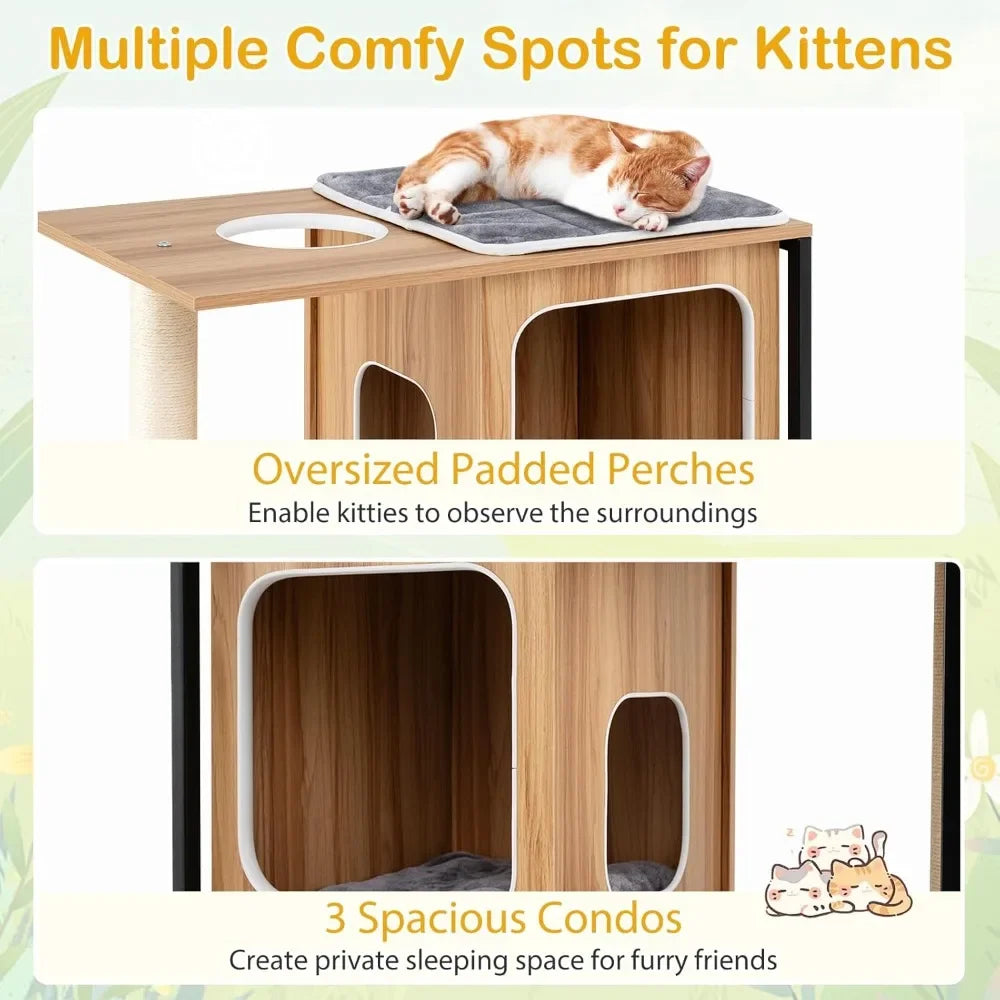 🐾 52" Wooden Cat Tree – Multi-Level Tower with Metal Frame & Sisal Scratching Posts