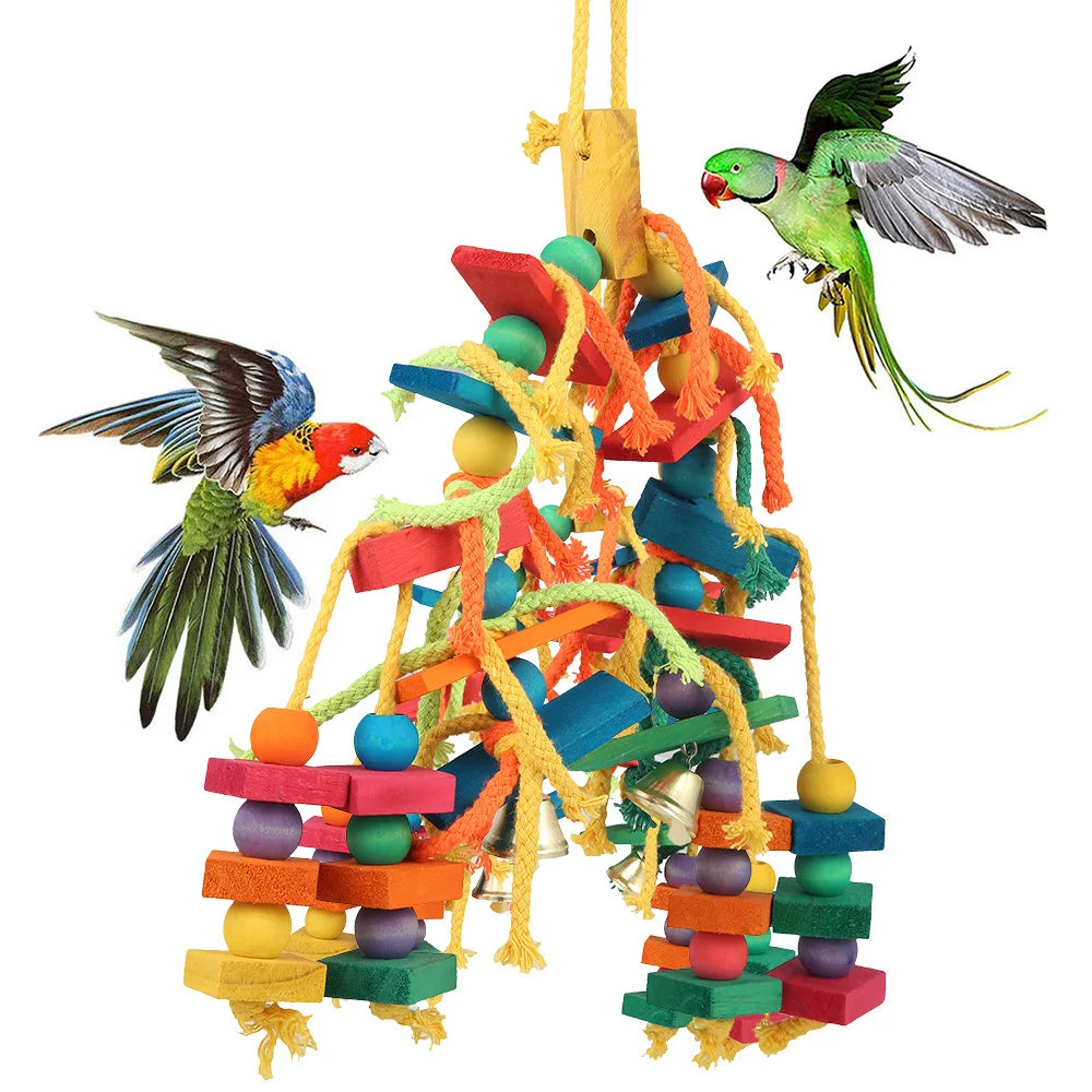 Wood & Cotton Rope Parrot Toy – Bite-Resistant Cage Toy for Birds