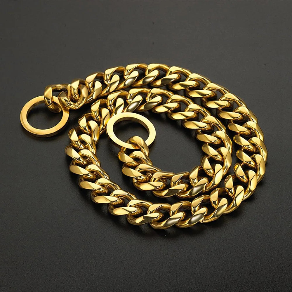 15MM Cuban Link Dog Chain Collar – Silvery/Golden Stainless Steel Training Slip Collar for Strong Dogs