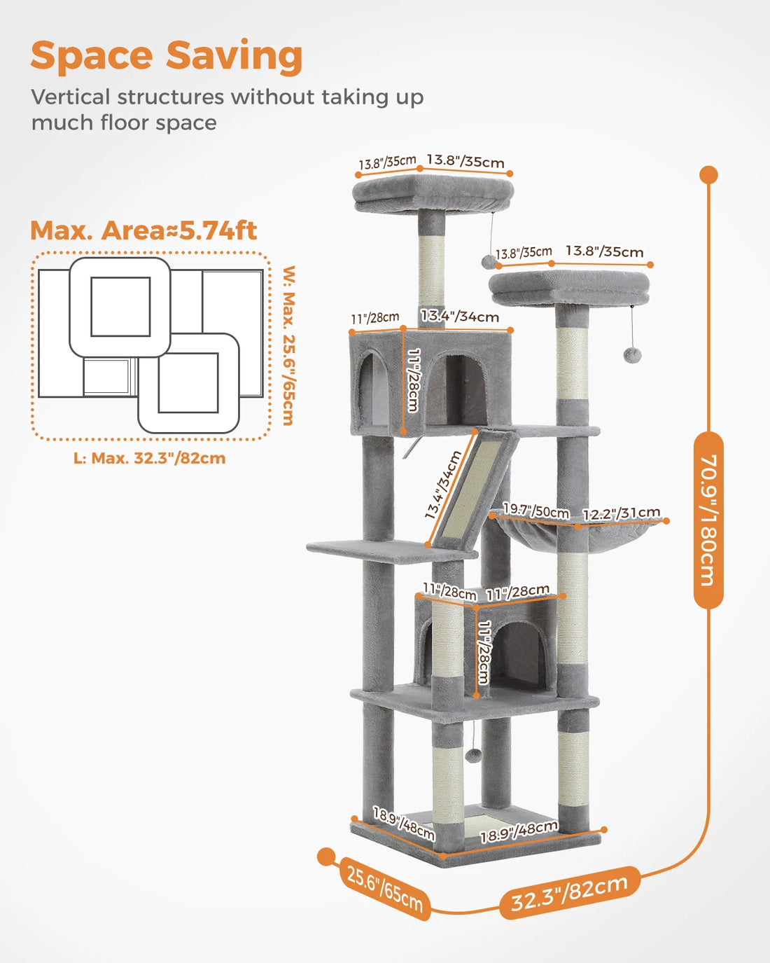 🐾 H180CM Large Cat Tree – Multi-Level Tower with Condos, Perches, Hammock & Sisal Posts