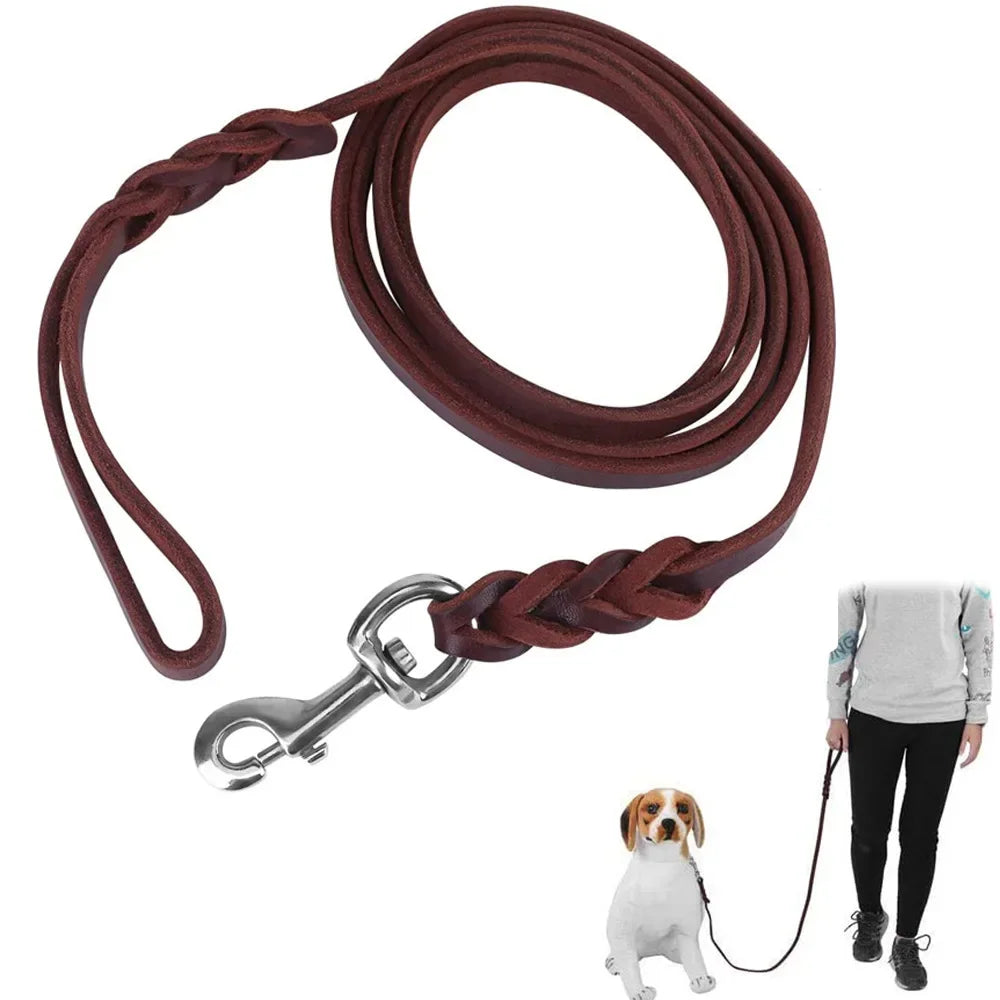 Genuine Leather Dog Leash – Braided Long Pet Walking & Training Lead for Medium & Large Dogs (Brown/Black)