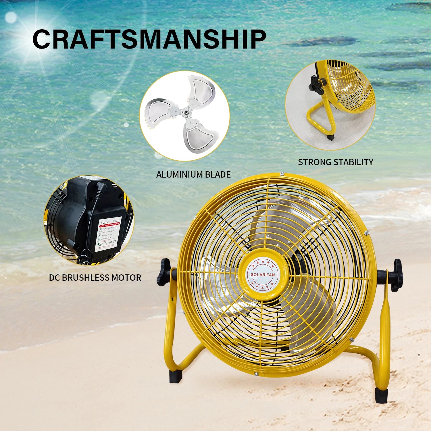 14 Inch Portable Rechargeable Table Fan with Solar Panel Powered and AC Charger Dual Input for Household, Camping, Fishing