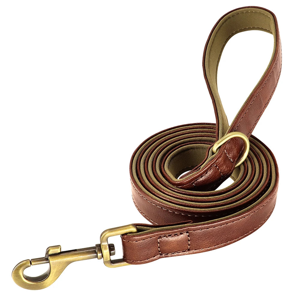 Custom Leather Dog Collar & Leash Set – Soft Padded with Engraved Nameplate